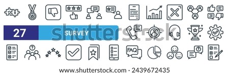 set of 27 outline web survey icons such as puzzle, medal, dislike, trend, audience, question, faq, feedback vector thin line icons for web design, mobile app.