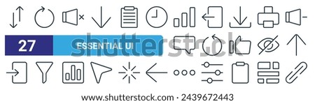 set of 27 outline web essential ui icons such as internet, rotate right, silent, log out, rotate left, filter, more, link vector thin line icons for web design, mobile app.