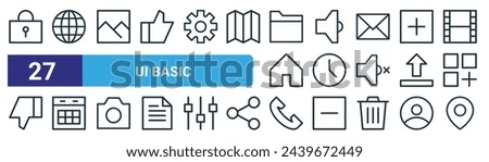 set of 27 outline web ui basic icons such as padlock, globe, picture, speaker, clock, calendar, phone, location vector thin line icons for web design, mobile app.