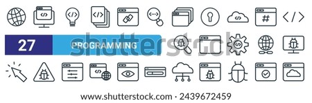 set of 27 outline web programming icons such as internet, coding, light bulb, keyhole, application, virus, cloud computing, browser vector thin line icons for web design, mobile app.