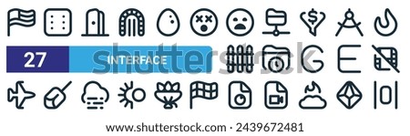 set of 27 outline web interface icons such as flag usa, dice six, door open, ftp, folder times, dreidel, file chart pie, distribute spacing horizontal vector thin line icons for web design, mobile