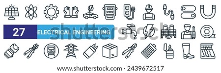 set of 27 outline web electrical engineering icons such as solar panel, atom, gear, engineer, lighting, plier, wire cutter, hydroelectricity vector thin line icons for web design, mobile app.