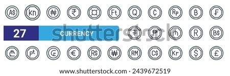 set of 27 outline web currency icons such as australian dollar, kuna, naira, cedi, peso, pea, ringgit, pound sterling vector thin line icons for web design, mobile app.