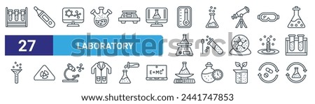 set of 27 outline web laboratory icons such as test tubes, thermometer, computer screen, flask, test tube, radioactive, lab scale, chemicals vector thin line icons for web design, mobile app.