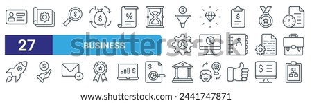set of 27 outline web business icons such as business card, report, search, premium quality, refresh, money, bank, layout vector thin line icons for web design, mobile app.