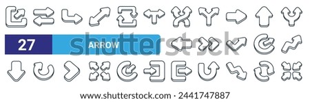 set of 27 outline web arrow icons such as expand, swap, turn, split, fast, redo, log out, focus vector thin line icons for web design, mobile app.