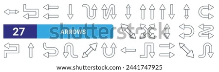 set of 27 outline web arrows icons such as double headed, left arrow, left arrows, up arrows, zoom, up arrow, left arrow, down vector thin line icons for web design, mobile app.