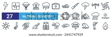 set of 27 outline web natural disaster icons such as lightning, seismograph, first aid, snowslide, sun, low temperature, storm, fire vector thin line icons for web design, mobile app.