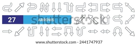 set of 27 outline web arrows icons such as right arrow, diagonal arrow, left arrow, left arrows, diagonal diagonal up vector thin line icons for web design, mobile app.