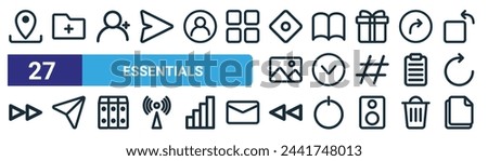 set of 27 outline web essentials icons such as location, add folder, friends, books, down, share, previous, duplicate vector thin line icons for web design, mobile app.