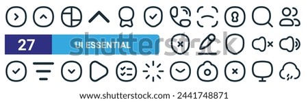 set of 27 outline web ui essential icons such as back, up arrow, grid, scan, edit, sort, message, cloud vector thin line icons for web design, mobile app.