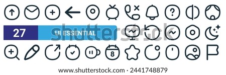 set of 27 outline web ui essential icons such as up arrow, message, add, notification, rotate, edit, star, report vector thin line icons for web design, mobile app.