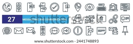 set of 27 outline web messagging and communication icons such as phone call, contact, help, chat bubble, envelope, envelope,  , pin vector thin line icons for web design, mobile app.