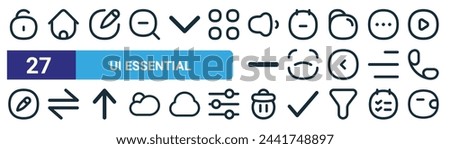 set of 27 outline web ui essential icons such as unlock, home, edit, note, scan, swap, trash, wallet vector thin line icons for web design, mobile app.