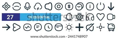 set of 27 outline web ui essential icons such as  , scan, mic, message, cpu, send, sun, cart vector thin line icons for web design, mobile app.