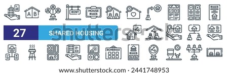 set of 27 outline web shared housing icons such as house, shared housing, shared housing,  , house rules, garage vector thin line icons for web design, mobile app.