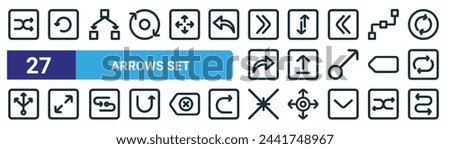 set of 27 outline web arrows set icons such as shuffle, refresh, divide, sort, upload, resize, center align, curved arrow vector thin line icons for web design, mobile app.