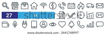 set of 27 outline web ui icons such as search, shop, box, calendar, check mark, leaf, love, comment vector thin line icons for web design, mobile app.