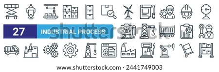 set of 27 outline web industrial process icons such as scissor lift, robotic arm, robotic arm, blueprint, tower crane, factory, factory, storage unit vector thin line icons for web design, mobile