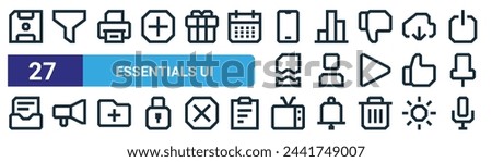 set of 27 outline web essentials ui icons such as save, funnel, printer, graph, user, megaphone, tv, microphone vector thin line icons for web design, mobile app.