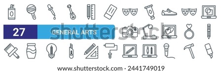 set of 27 outline web general arts icons such as spray, maracas, pipette, paint tube, lamp, vase, laptop, markers vector thin line icons for web design, mobile app.