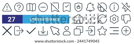 set of 27 outline web user interface icons such as warning, question mark, map, bell alarm, menu,  , copy, plus vector thin line icons for web design, mobile app.