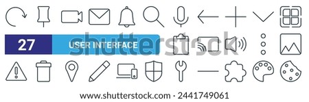 set of 27 outline web user interface icons such as refresh, push pin, camera, arrow, cast, delete, repair, cookie vector thin line icons for web design, mobile app.