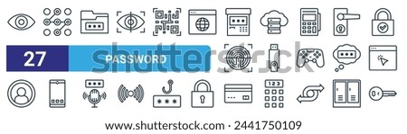set of 27 outline web password icons such as show, pattern, folder, server, pendrive, smartphone, credit card, key vector thin line icons for web design, mobile app.