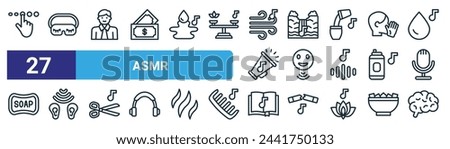 set of 27 outline web asmr icons such as console, sleep mask, man, waterfall, talk, binaural, open book, brain vector thin line icons for web design, mobile app.