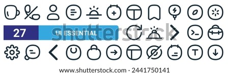 set of 27 outline web ui essential icons such as cup, call, user, saved, reserve, message, grid, down arrow vector thin line icons for web design, mobile app.