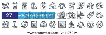 set of 27 outline web world environment day icons such as water pollution, podium, barrel, law, love, eco battery, website, renewable energy vector thin line icons for web design, mobile app.
