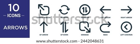 arrows outline icon set includes thin line expand window, refresh, transfer, left arrow, right arrow, up arrow, up down icons for report, presentation, diagram, web design