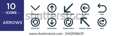arrows outline icon set includes thin line down chevron, up arrow, diagonal arrow, left arrow, undo, rotate left, down icons for report, presentation, diagram, web design