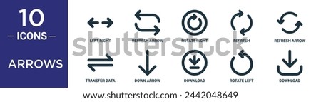 arrows outline icon set includes thin line left right, refresh arrow, rotate right, refresh, refresh arrow, transfer data, down arrow icons for report, presentation, diagram, web design