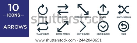 arrows outline icon set includes thin line rotation, right left, diagonal arrows, upload, shuffle arrows, transfer data, expand icons for report, presentation, diagram, web design