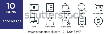 ecommerce outline icon set includes thin line money, list, shopping bag, search, shopping cart, chat, shopping bag icons for report, presentation, diagram, web design