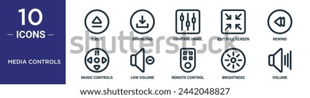 media controls outline icon set includes thin line eject, download, control panel, exit full screen, rewind, music controls, low volume icons for report, presentation, diagram, web design