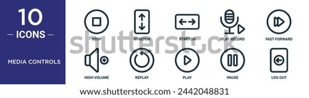media controls outline icon set includes thin line stop, stretch, stretch, play record, fast forward, high volume, replay icons for report, presentation, diagram, web design
