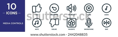 media controls outline icon set includes thin line like, backward, no audio, close, audio, note, dislike icons for report, presentation, diagram, web design