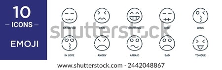 emoji outline icon set includes thin line satisfied, pain, grinning, shut, wink, in love, angry icons for report, presentation, diagram, web design