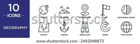 geography outline icon set includes thin line globe, montain, location pin, flag, geothermal energy, canyon, anchor icons for report, presentation, diagram, web design