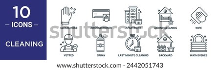 cleaning outline icon set includes thin line cleanliness, airconditioner, apartment, airbnb cleaning, wipe, vetted, spray icons for report, presentation, diagram, web design