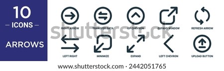 arrows outline icon set includes thin line right arrow, transfer data, up chevron, expand window, refresh arrow, left right, minimize icons for report, presentation, diagram, web design