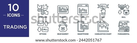 trading outline icon set includes thin line stop loss, tablet, web, sell, bull, options, bear market icons for report, presentation, diagram, web design