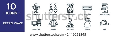 retro wave outline icon set includes thin line armchair, earrings, teddy bear, cd player, arcade game, computer, jacket icons for report, presentation, diagram, web design