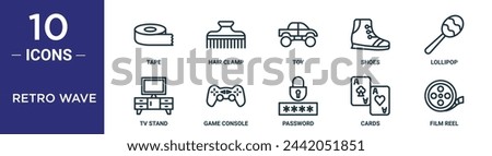 retro wave outline icon set includes thin line tape, hair clamp, toy, shoes, lollipop, tv stand, game console icons for report, presentation, diagram, web design