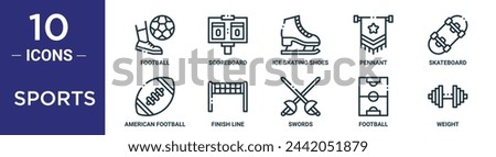 sports outline icon set includes thin line football, scoreboard, ice skating shoes, pennant, skateboard, american football, finish line icons for report, presentation, diagram, web design