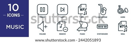 music outline icon set includes thin line pause, next, wav, saxophone, horn, volume, remove icons for report, presentation, diagram, web design