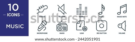 music outline icon set includes thin line guitar, volume, sound, music, music note, microphone, radio icons for report, presentation, diagram, web design