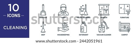 cleaning outline icon set includes thin line dustpan, maid, house cleaning, window, furniture, mop, housekeeping icons for report, presentation, diagram, web design